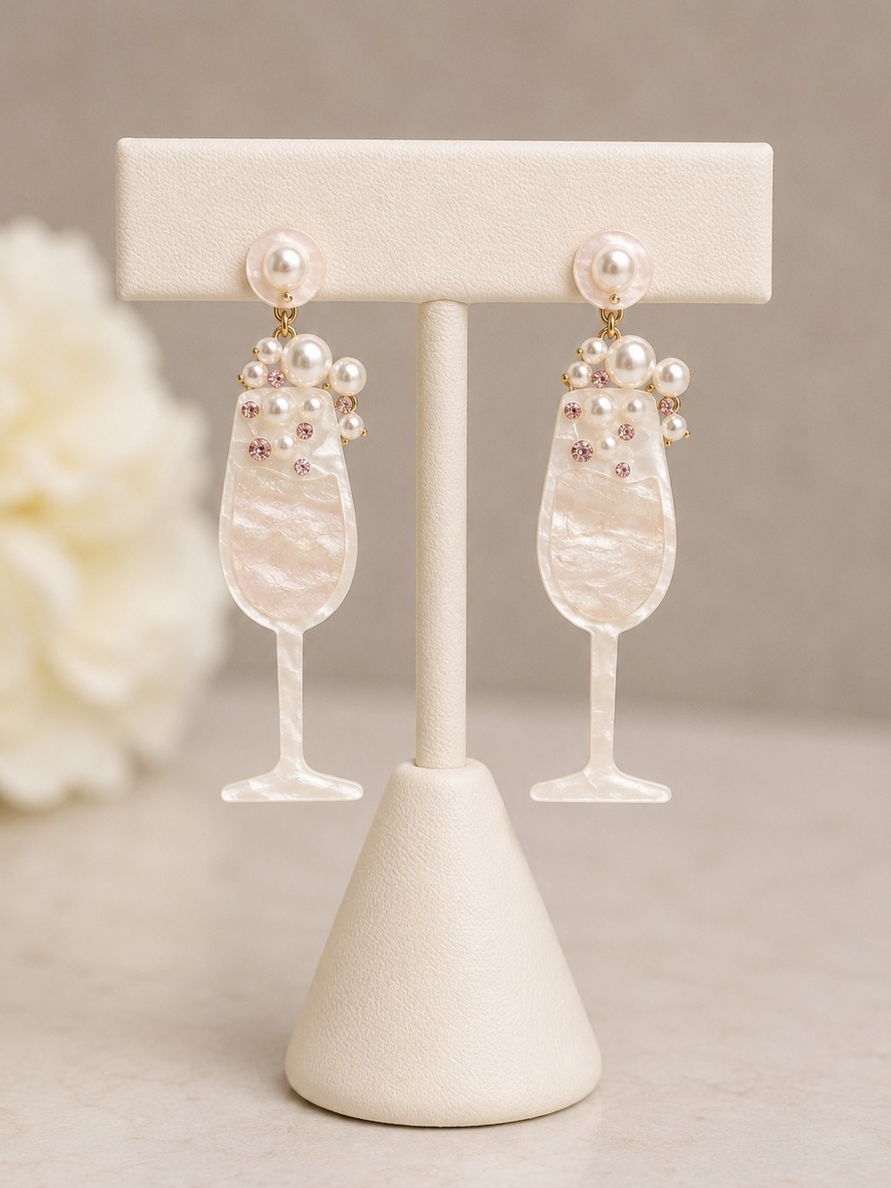 Plunder Pearl Champagne Glass Earrings with Pink Accents - NIP